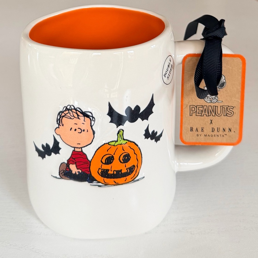 Rae Dunn Linus Pumpkin Peanuts Halloween Mug - White and Orange